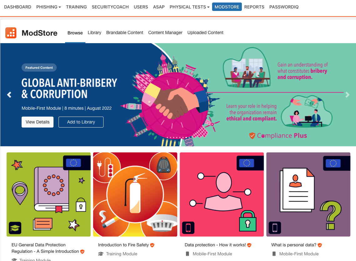 ModStore homepage showing featured training on Global Anti-Bribery and Corruption, and more training modules